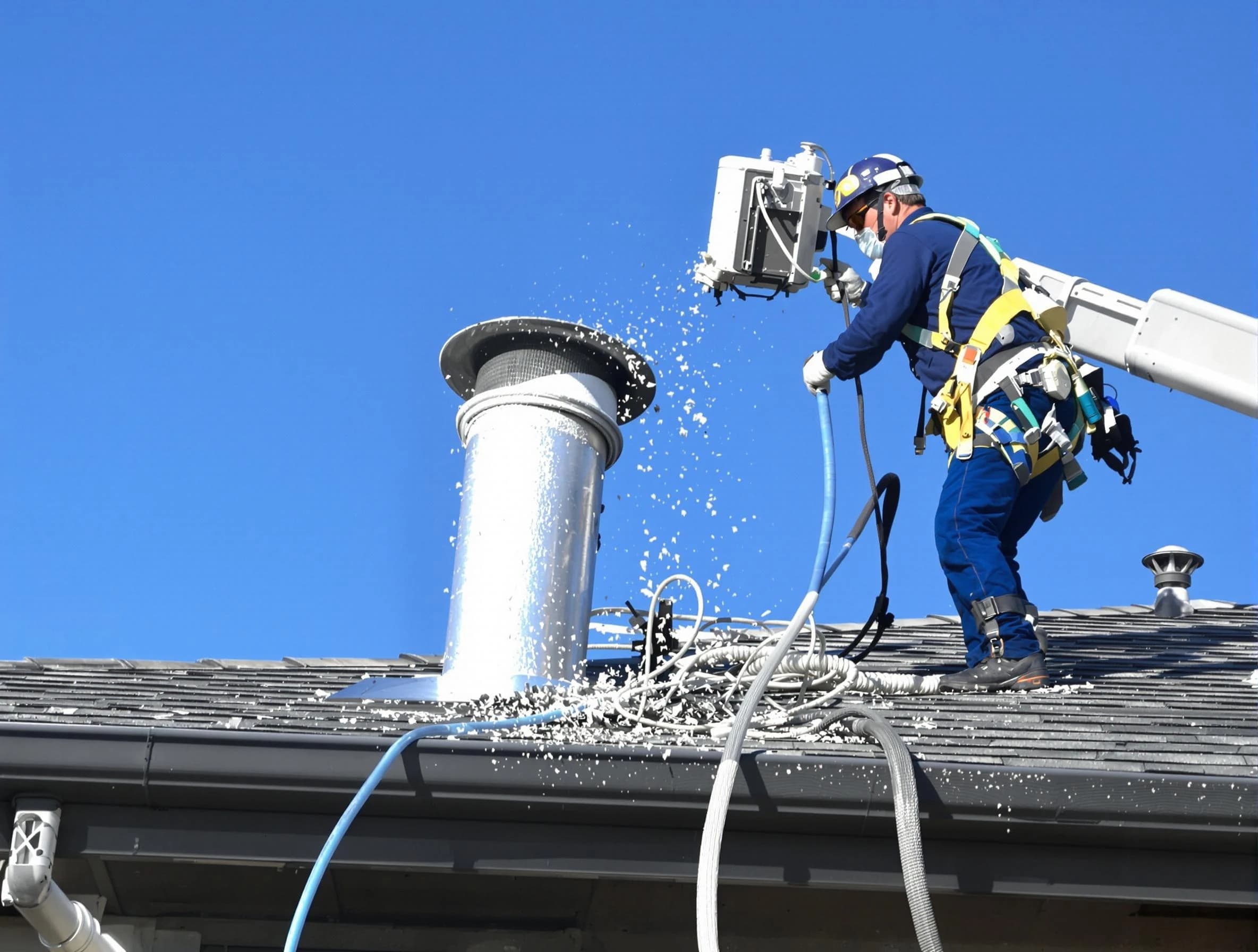 Norman Dryer Vent Cleaning certified technician safely cleaning a roof-mounted dryer vent in Norman
