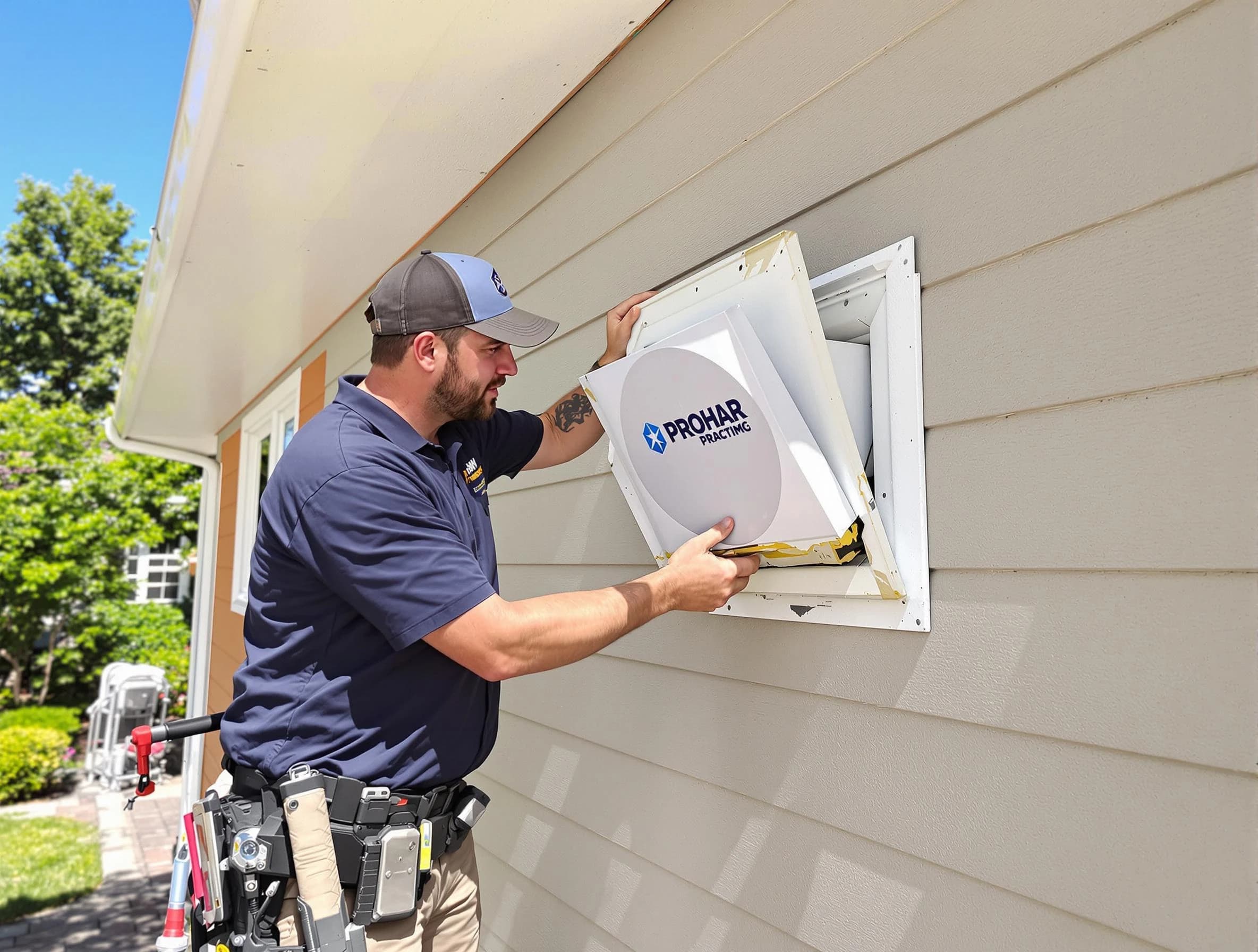 Norman Dryer Vent Cleaning technician installing a new protective dryer vent cover on a home in Norman