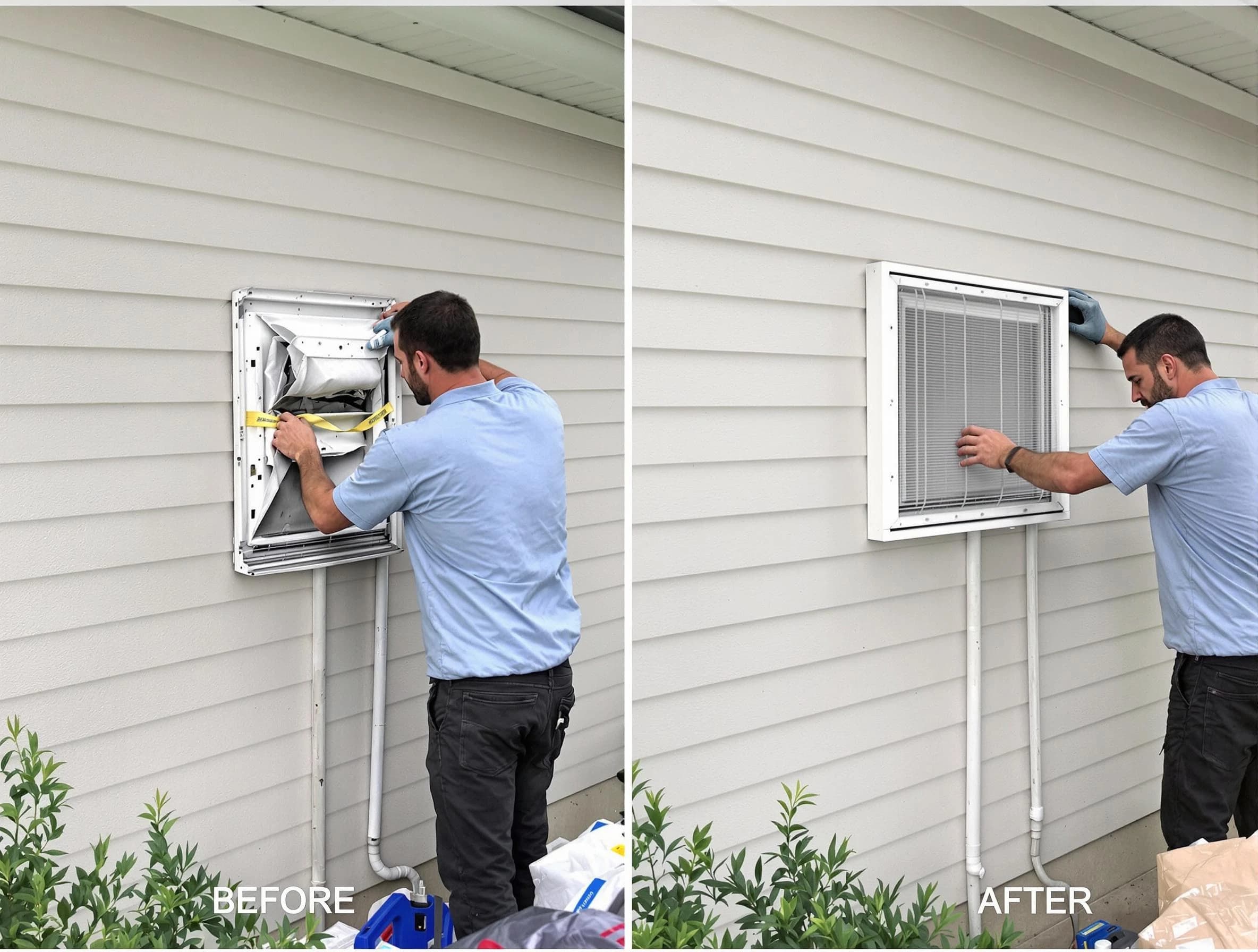 Norman Dryer Vent Cleaning technician installing high-quality dryer vent cover at a residential property in Norman