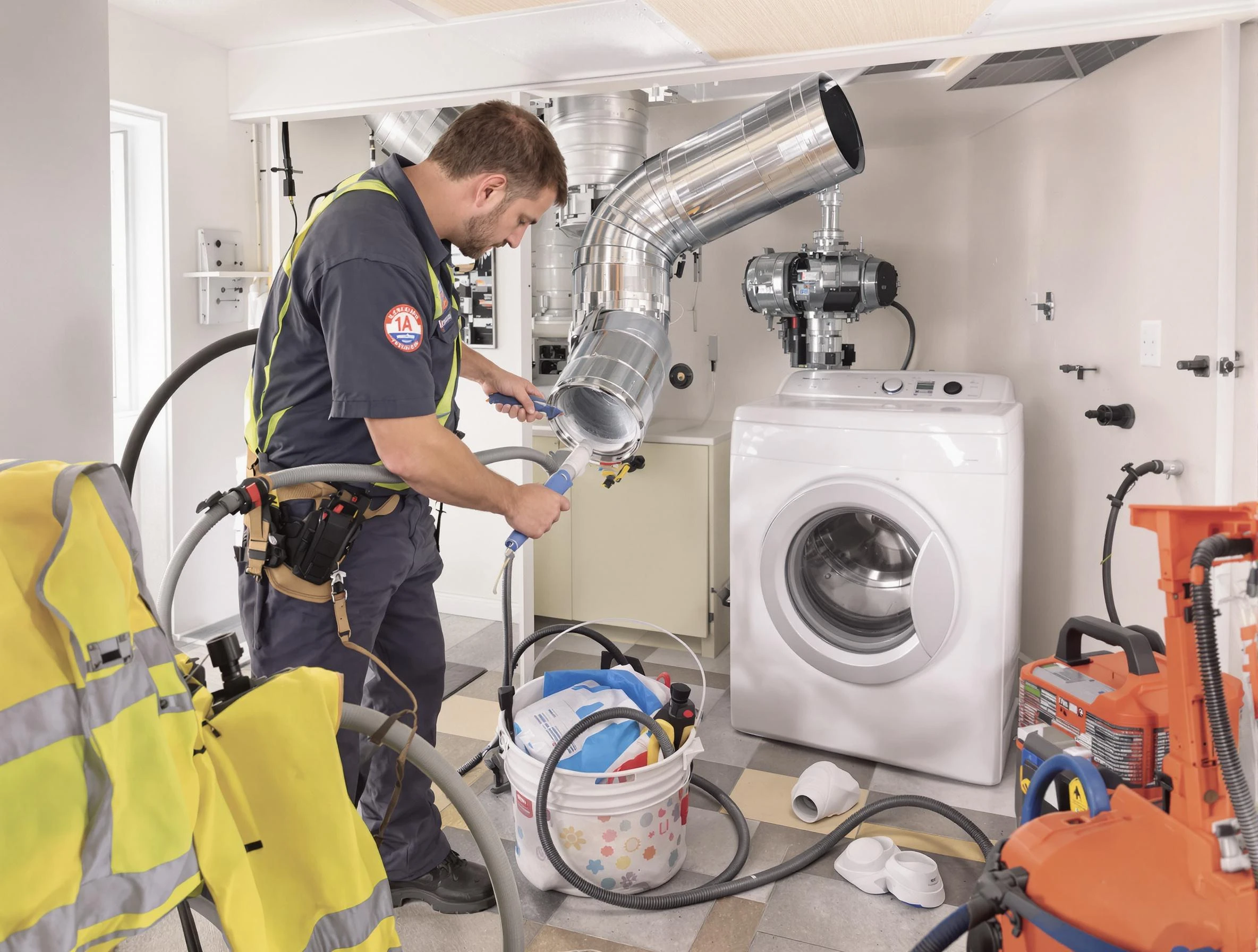 Norman Dryer Vent Cleaning technician using specialized equipment to clear severe dryer vent blockage in Norman